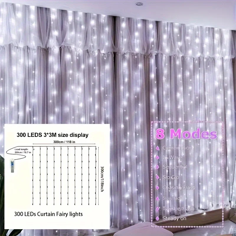 300LED USB Fairy Curtain Lights with 8 Modes String Lights Remote Control Bedroom Wedding Party Wall Ambient Lighting Decoration