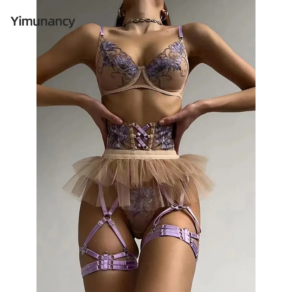 Yimunancy التطريز مجموعة الملابس الداخلية النساء شفافة شير المثيرة مثير الصدرية + موجز الملابس الداخلية مجموعة الكرة ثوب الرباط كيت