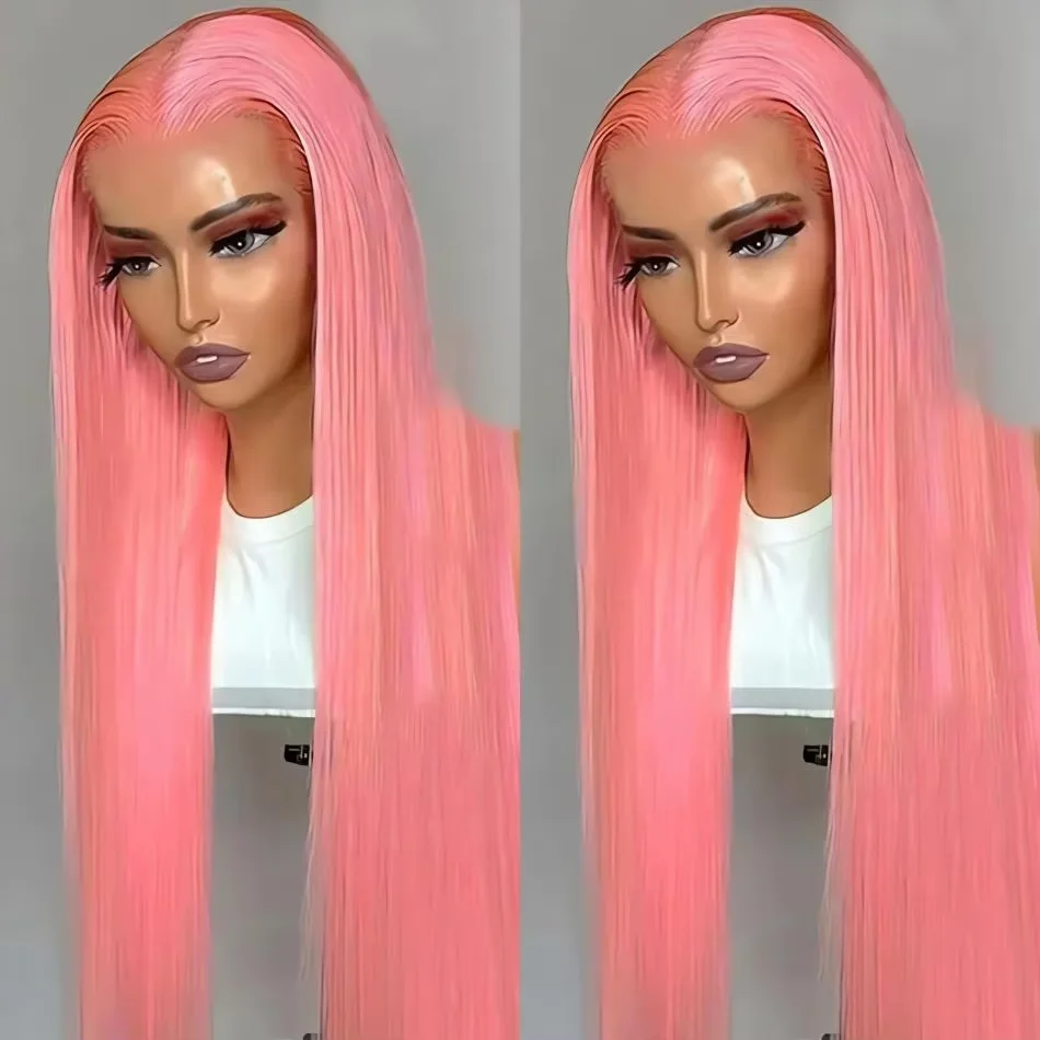 Colored Wigs Human Hair Full End 100% Pink Straight Transparent PrePlucked Brazilian HD Lace Frontal Wig 30 40 Inch For Women