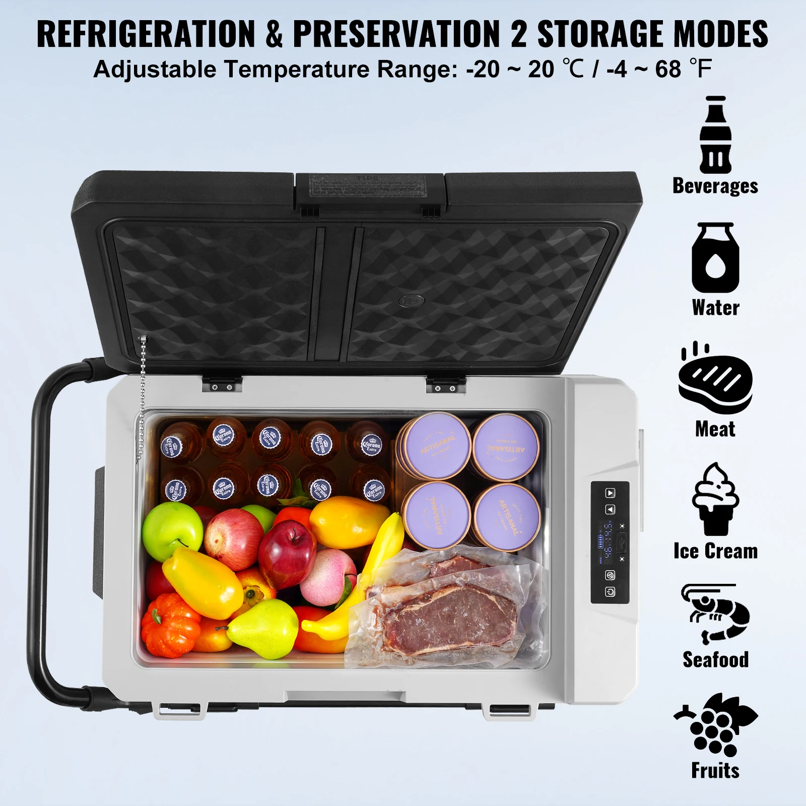 VEVOR Portable Car Refrigerator 12 Volt Car Refrigerator Fridge Single Zone Portable Freezer -4℉-68℉ Adjustable Temperature 