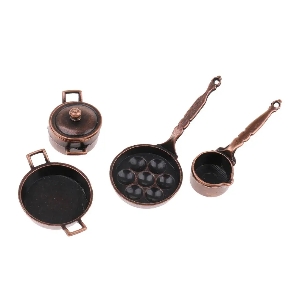 4 Pieces Dollhouse 1/12 Scale Frying Pans Set Toy Props Decorations Age 3+ A