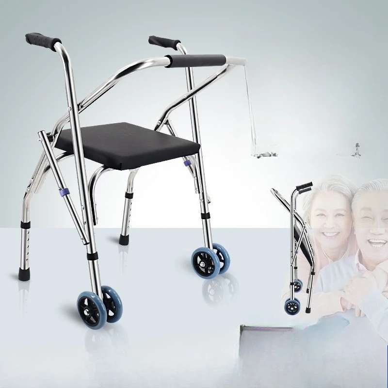 

The elderly stainless steel four-legged folding cane stool disabled with seat support walker