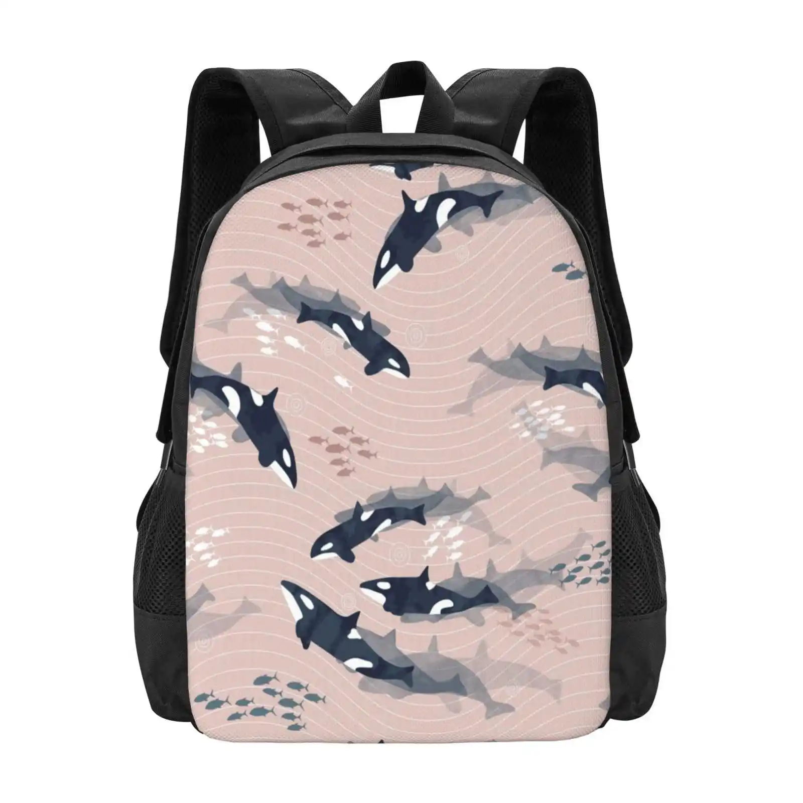 Orca In Motion / Blush Ocean Pattern Hot Sale Schoolbag Backpack Fashion Bags Killer Whale Fish Sea Motion Blue Gray Pink