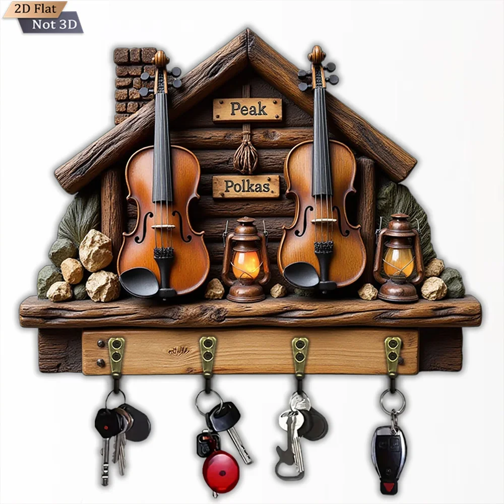 2D Flat, 1pc, Wooden Violin Shaped Key Hook Wooden Multifunctional Home Key Hook, with Four Metal Hooks, Wall Decoration, Porch