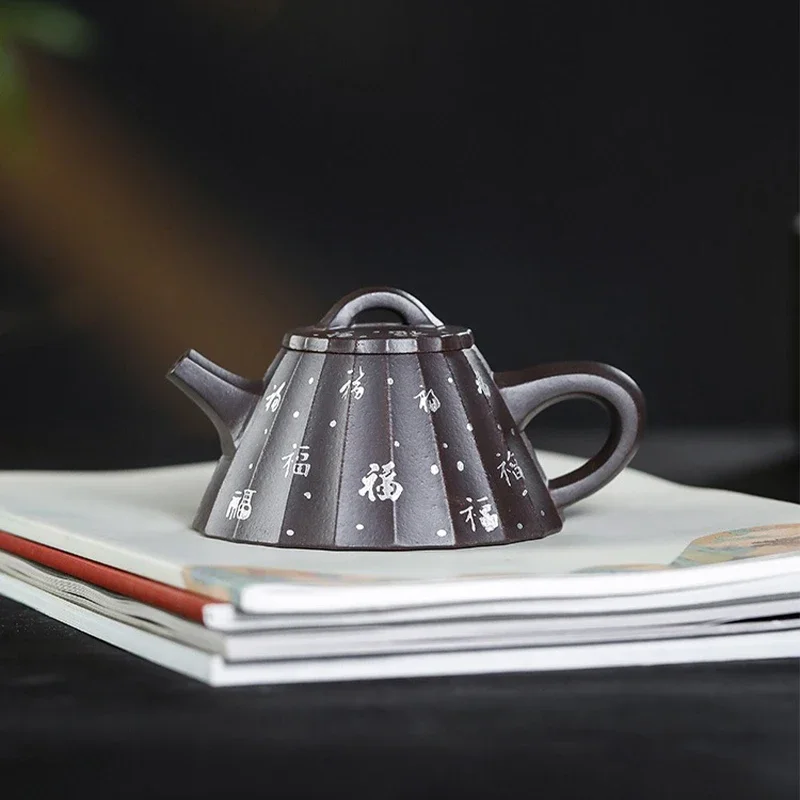 

Yixing Original Mine Purple Clay Handmade Tea Set with Black Mud Veins and Gold and Stone Patterns 210ml Household Tea Set