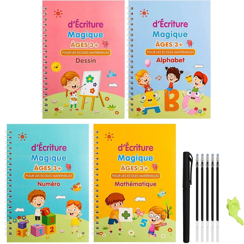 Libro de escritura mágica francesa para niños, cuadernos de matemáticas, caligrafía Montessori, aprender a escribir, libro de copia 3D, 4 libros por juego