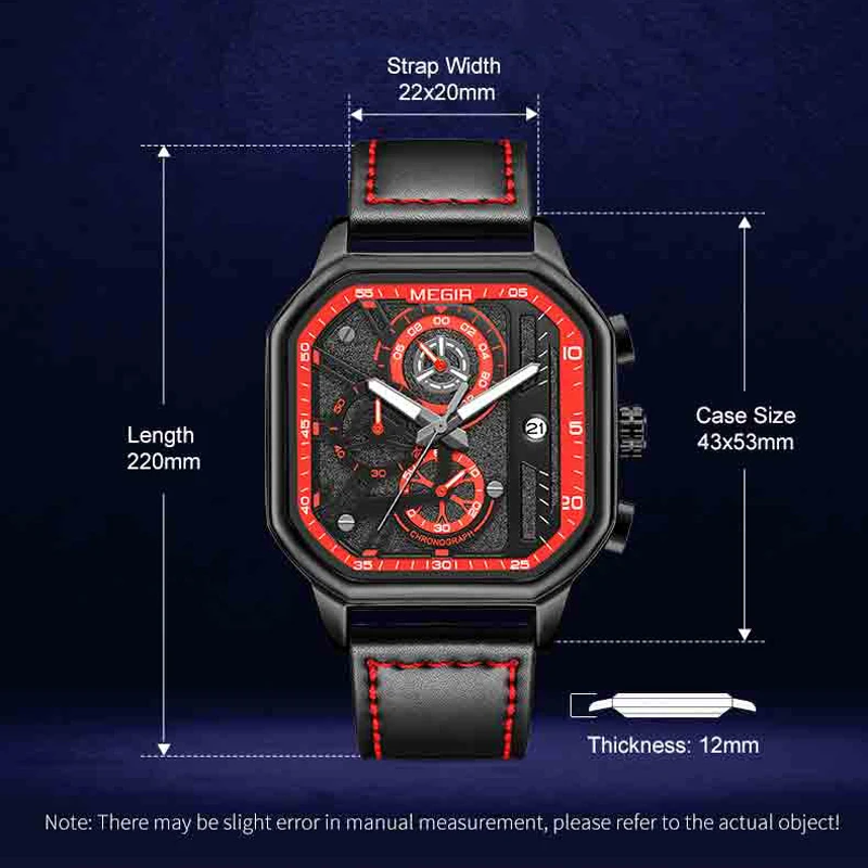 MEGIR Chronograph Analog Quartz Watch Men Square Dial Leather Strap Fashion Sport Male Wristwatches Youth with Auto Date