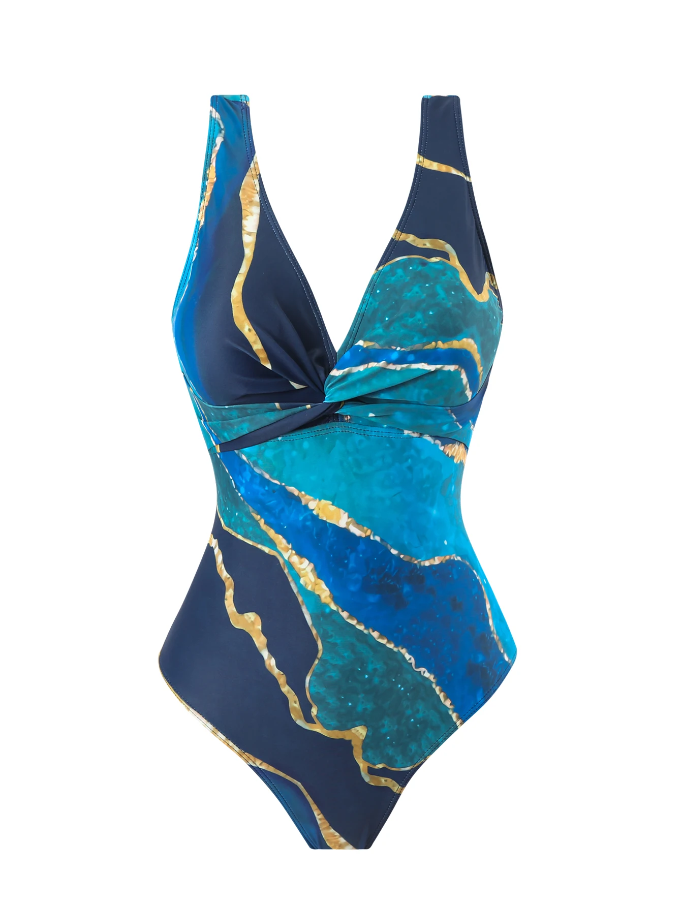 Women's One-Piece Swimsuit Two-Piece Set, Beach Vacation, Hot-Selling Blue Marble Pattern, with Mesh Skirt view 2