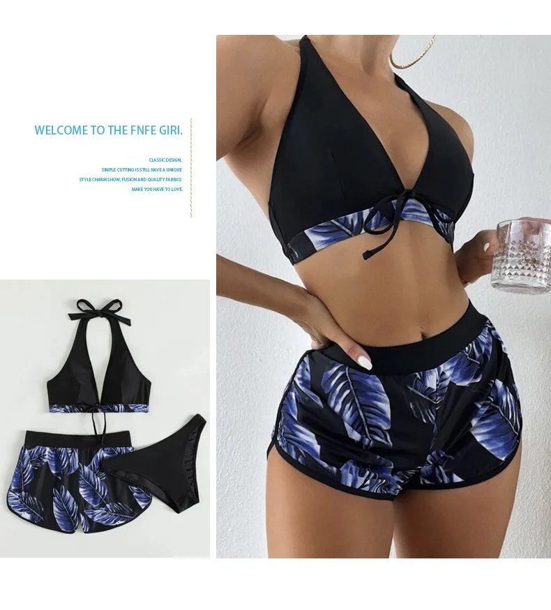 Mujeres 2025 Nuevos Bikinis 6 Colores Sexy Halter Bikini Conjunto de 3 piezas Estampado de hojas Traje de baño de talle 