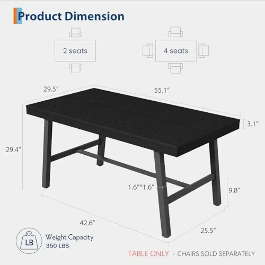Industrial Dining Table for 2-4, 55 Heavy Duty Rectangular Kitchen Table with 2×2 Black Metal Legs, Compact Space-Saving Design