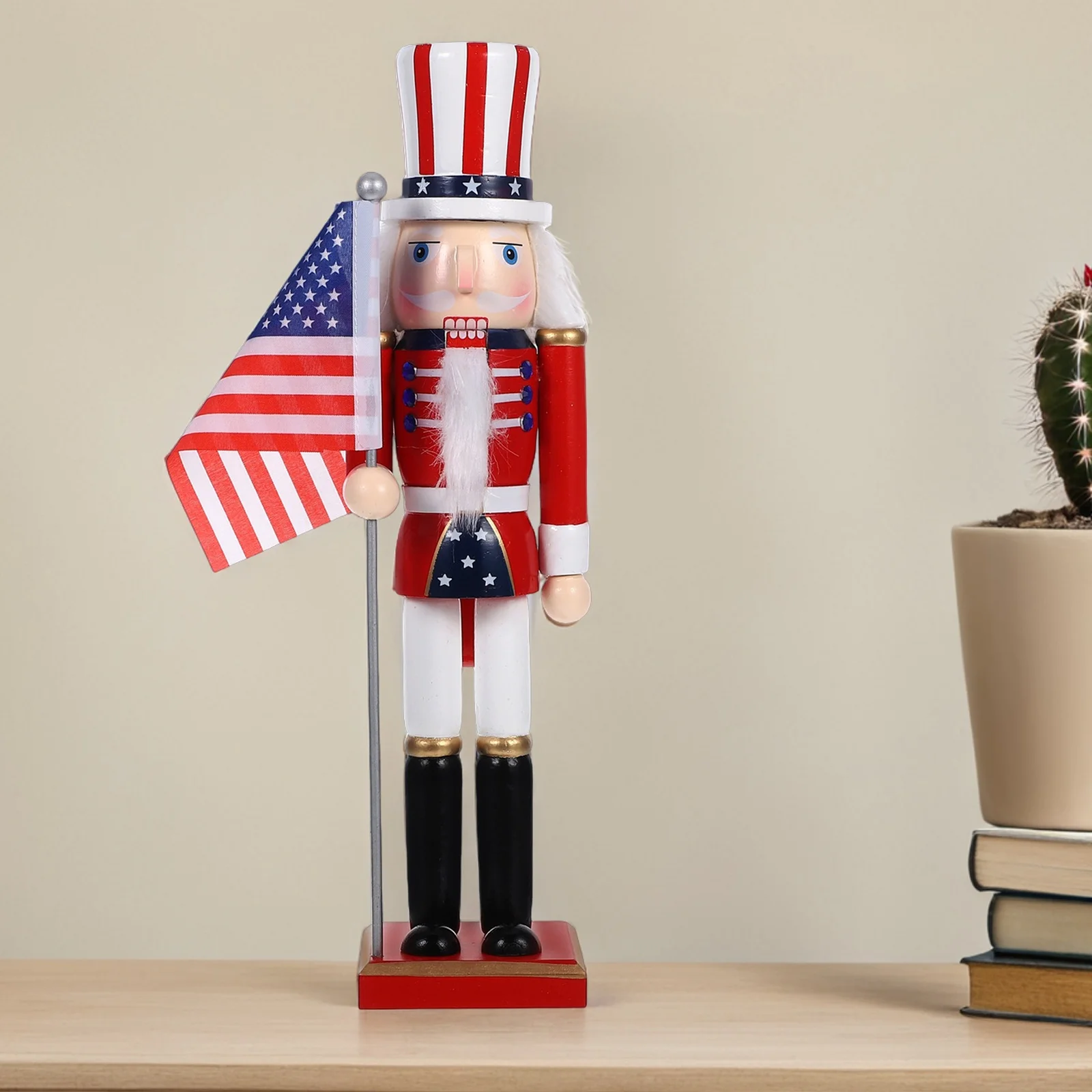 

Nutcracker Soldier Wooden Statue 38cm American Flag Patriotic Christmas Decoration Tabletop Shelf Nutcracker Independence Day