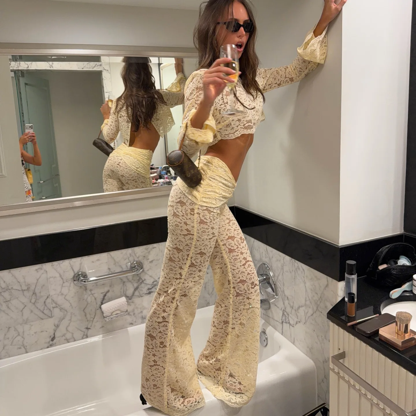 Women Floral Sheer Top Lace Two Piece Set High Neck Cape Sleeve Cropped High Waist Pants See-Through Flared Trousers Summer Wear