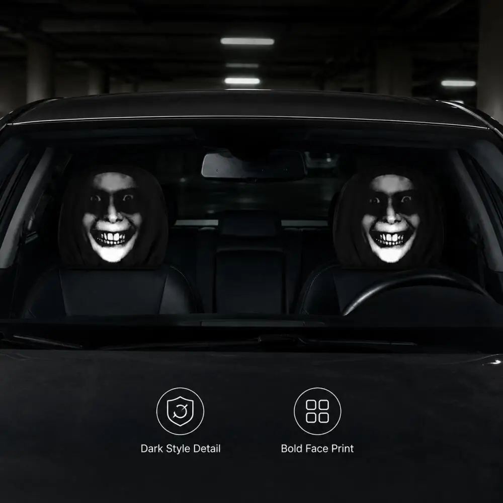 2PCS Scary Smile Face Car Headrest Covers Horror Grinning Print Black Auto Headrest Protector Universal Halloween Decor