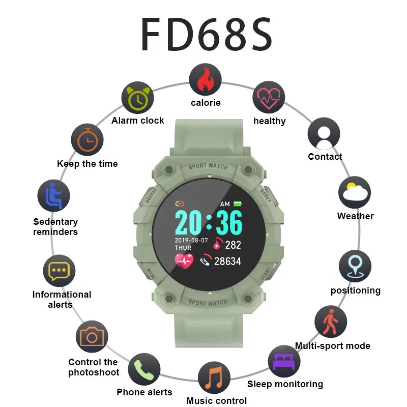 Bluetooth Fitness Tracker Sports Smart Watch Reminder Color Screen FD68S Health Monitoring Wear Watch Black