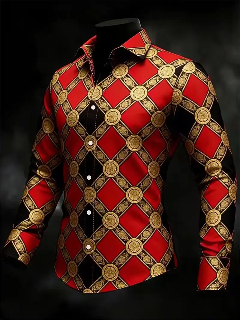 New men's fashionable 3D striped printed shirt with casual long sleeved button design and fashionable shirt top