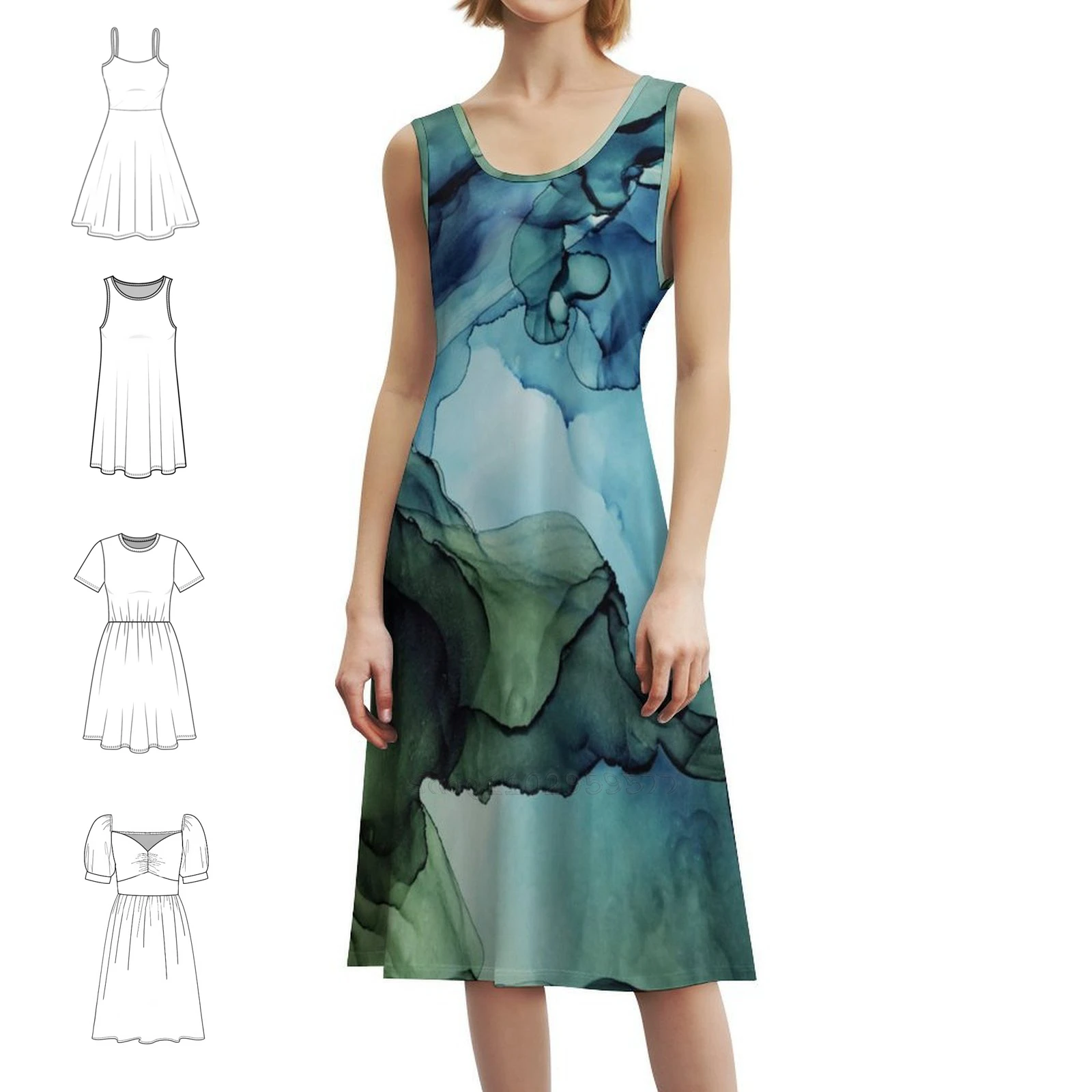 

Земляная и вода, абстрактная живопись, блюз и зелень, женское элегантное праздничное платье, платье трапециевидной формы с короткими/длинными/без рукавов