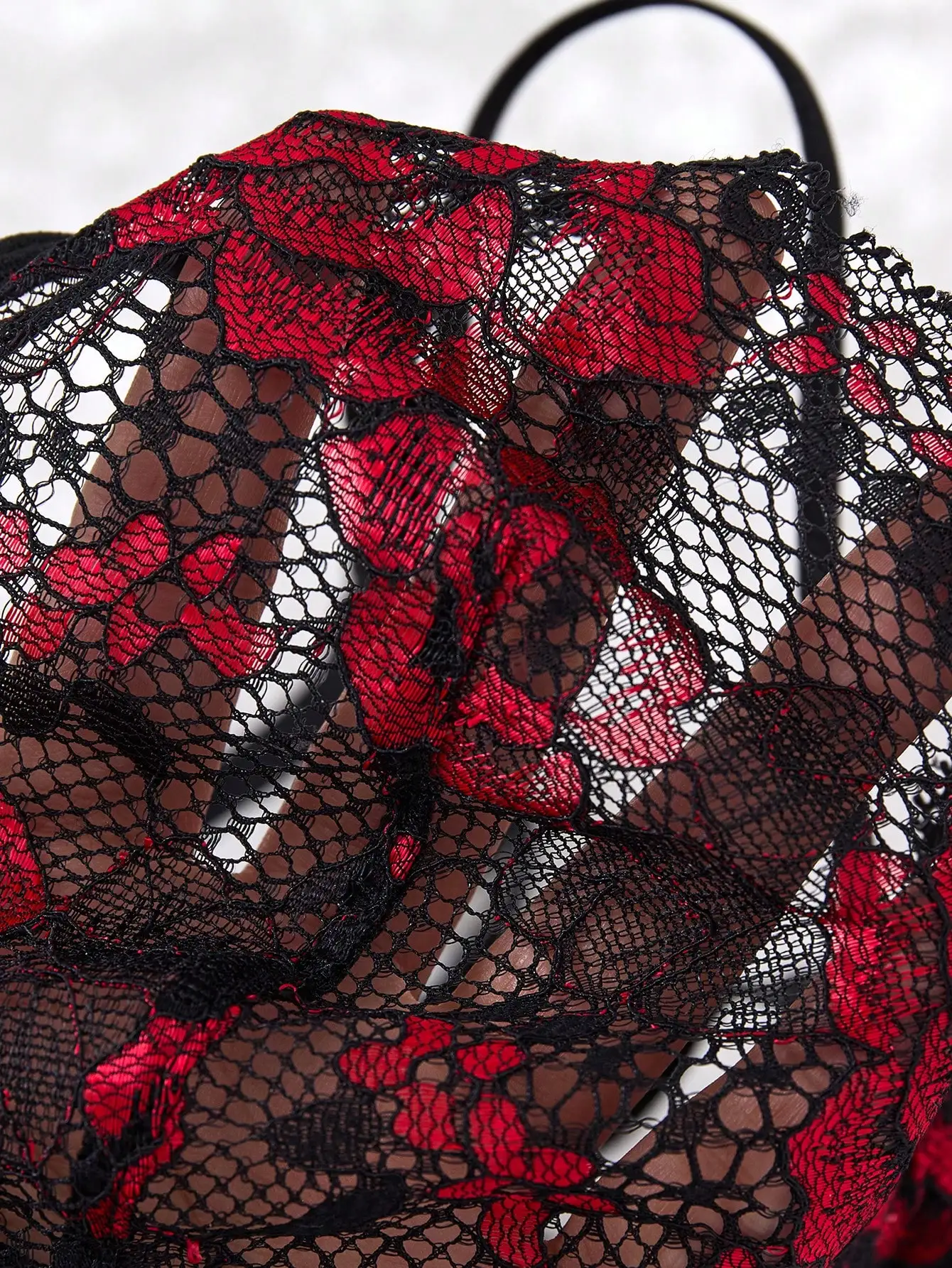 

Black Sheer Lace Dress with Red Rose Embroidery and Matching Thong Set