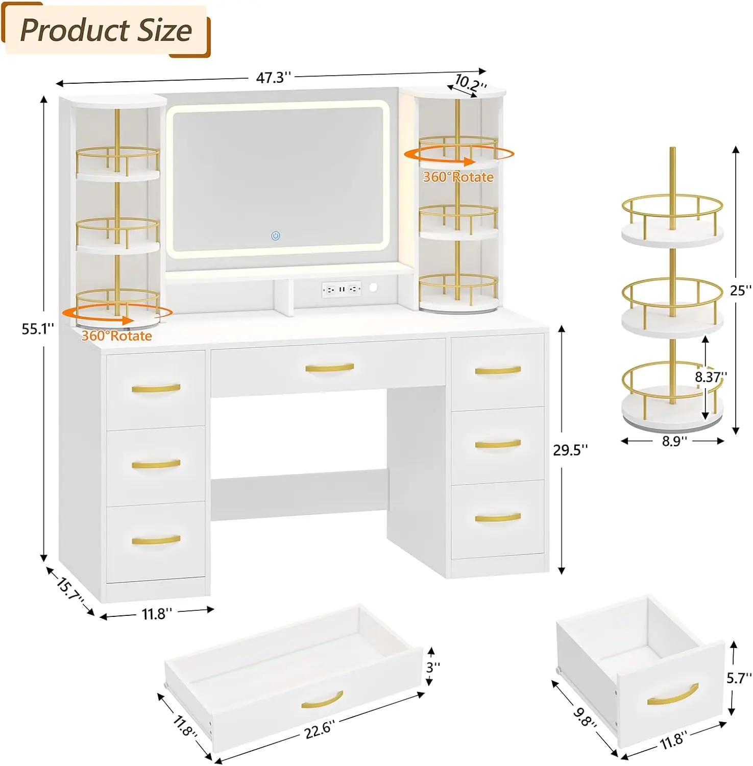 Vanity Desk with Mirror and Lights, 360° Rotating Shelves, Large Vanity Desk with 7 Drawers, Power Outlet, Dressing Table Set