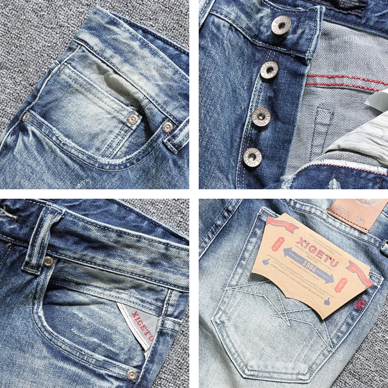 مصمم أزياء الرجال الجينز عالية الجودة الرجعية الضوء الأزرق تمتد سليم صالح ممزق الجينز الرجال أزرار Y2K خمر الدنيم السراويل أوم #4