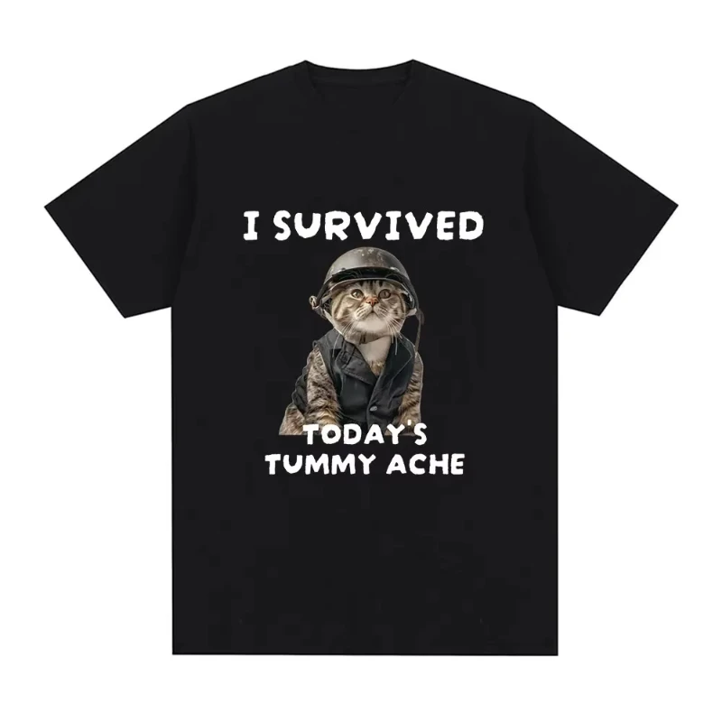

Мужская и женская хлопковая повседневная футболка большого размера, уличная футболка «Я пережил сегодняшним животом», забавная футболка с коротким рукавом с котом и мемом