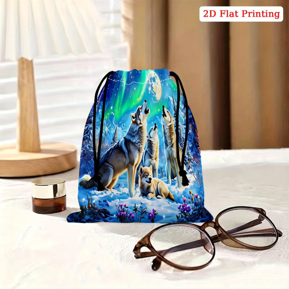 1Pc Wolf Howling At Moon Aurora Drawstring Bag Blue Winter Snow Pattern Storage Small Pouch Travel Gym Organizer For Adults Ligh