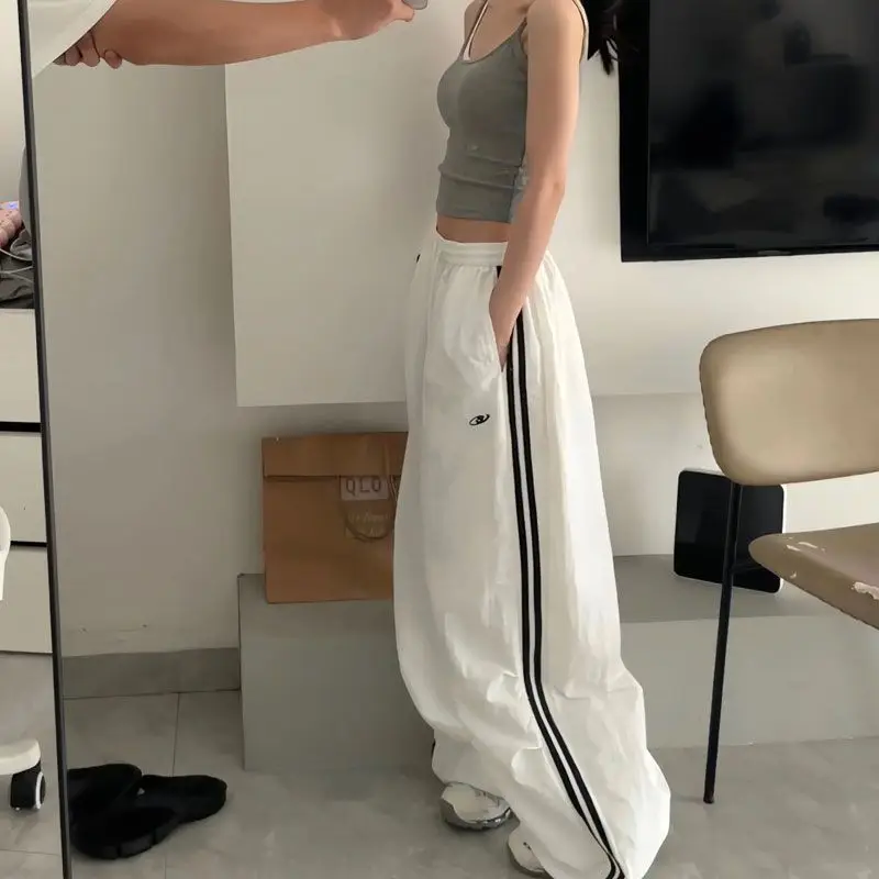 QWEEK Harajuku Vintage Striped Pants Woman\'s Oversized Korean Fashion Cargo Trousers Jogger Baggy Black Sports Casual Sweatpants