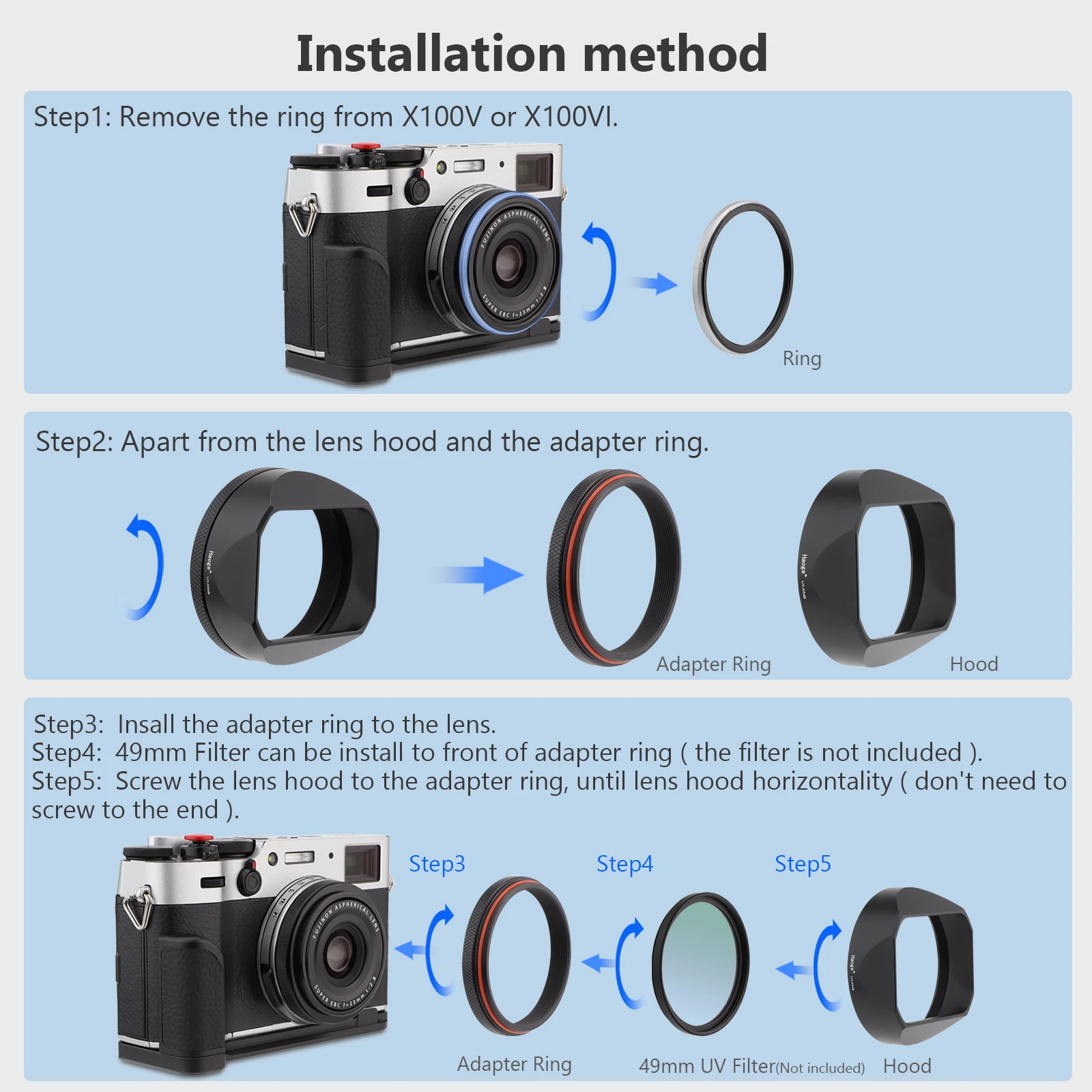 Kwadratowa metalowa osłona przeciwsłoneczna do Fujifilm X100VI Fuji X100V X100F X100T X100T X100S X100 x 70 kamera czarna z 49mm Adapter do filtra UV