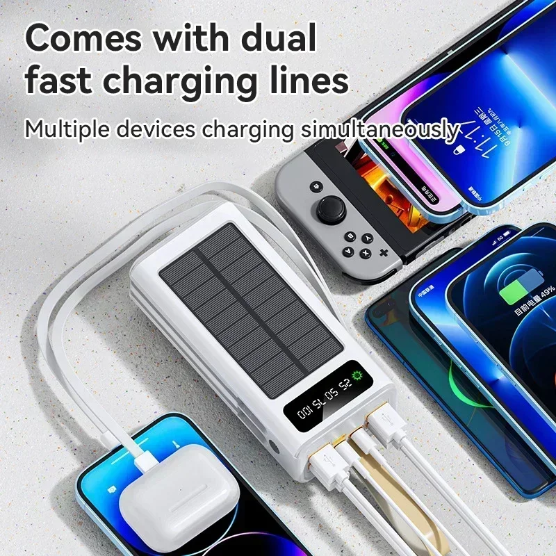 100000mAh 22.5W Fast Charging Thickened Solar Charging Bank High Capacity Builtin Cable External Battery LED Light Charging Bank