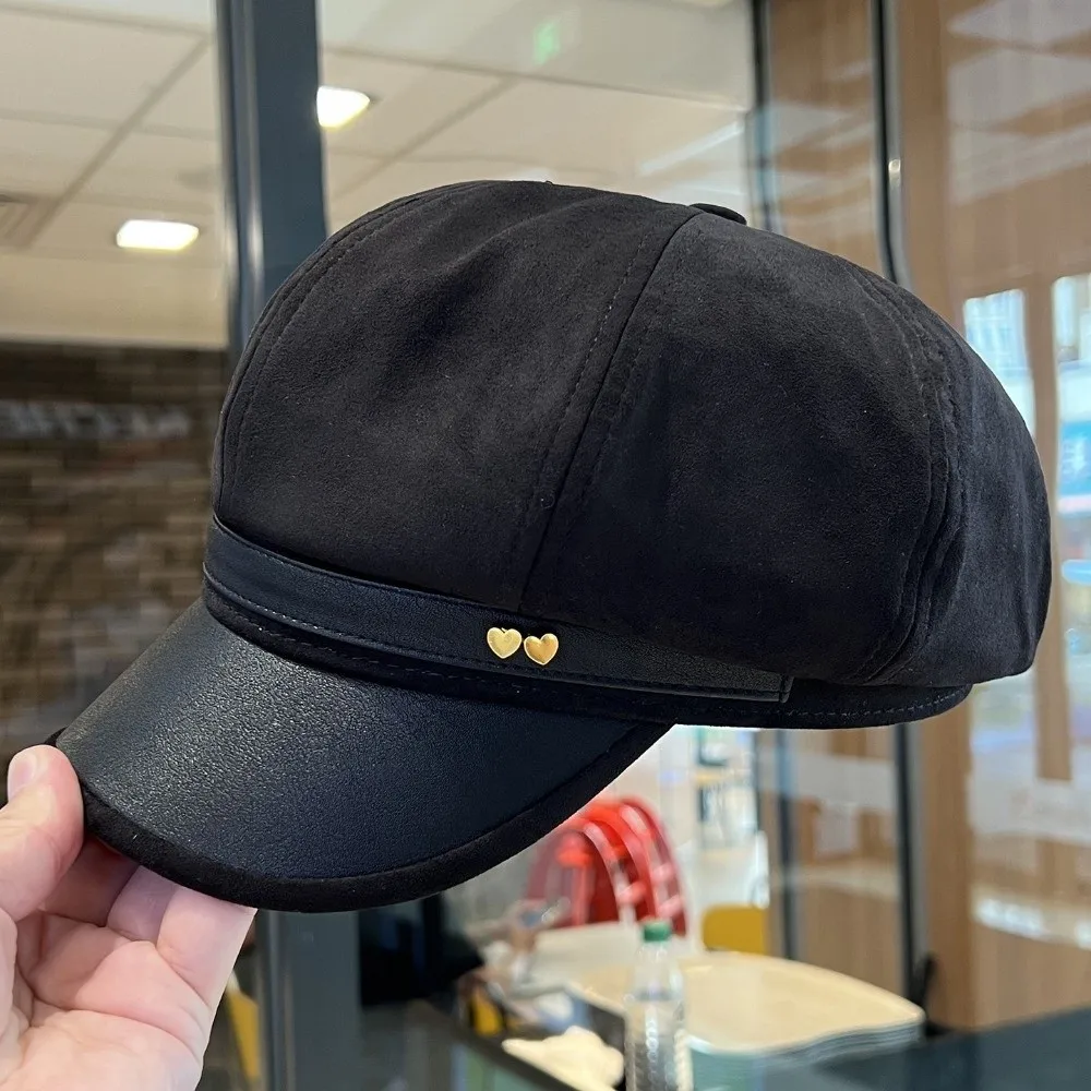 New Faux Leather Women's Octagonal Newsboy Cap Love Spliced Baker Boy Hat Sun-Shading Brim Duckbill Cap Casual Outings