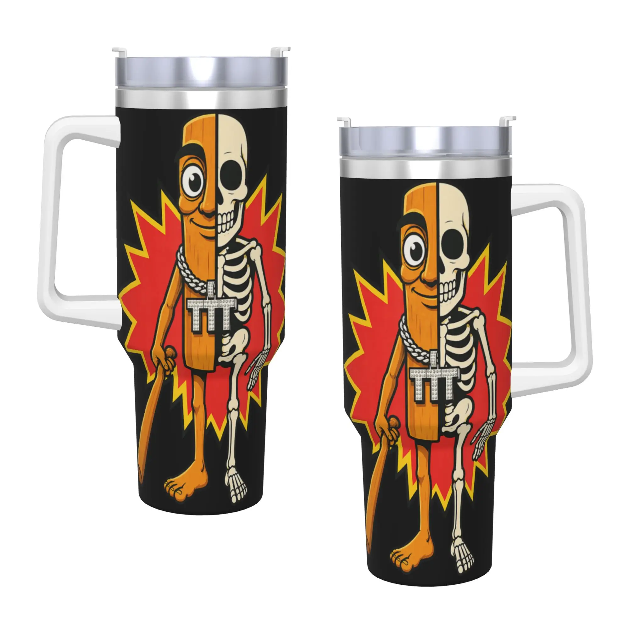 Stainless Steel Tumbler Half Skeleton Tung Sahur Funny Halloween Meme Car Mugs Hot Drinks Water Bottle Keep Heat Thermal Cups