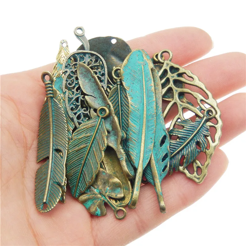 14PCS Leaf Charms Vintage Antique Bronze Green Pendant Mixed Bracelet Necklace Jewelry Making Crafts DIY Accessory