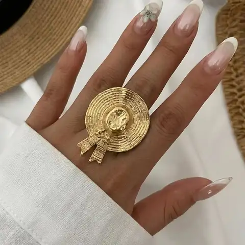 Vintage Exaggerate Stainless Steel Hat Ring for Women Men Gold Plated Conch Starfish Texture Finger Ring Beach Party Jewelry