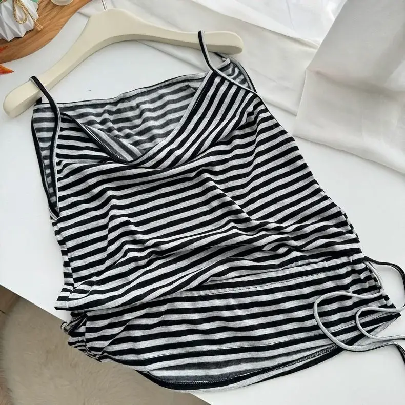 Kimotimo Women Two Piece Set Y2k Aesthetic Stripe Sleeveless Drawstring Waist Tank Top Casual Loose Versatile Camisole Vest Ins