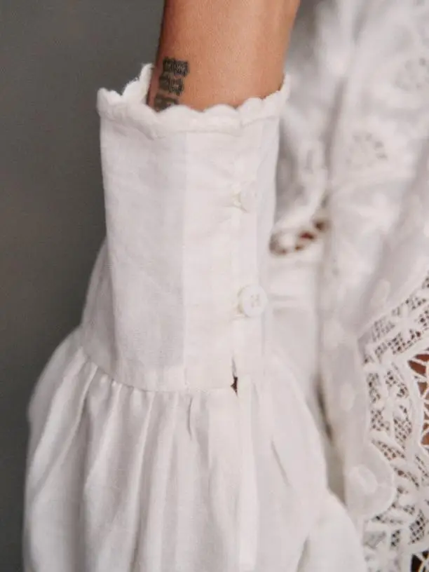 

Romantic HONEY Court Sle Hollow Flower Embroidery Organic Cotton Long Sve round Ne Pure Color Women's irt