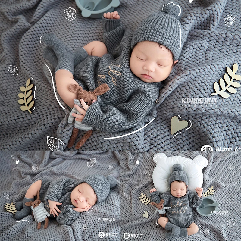 ニュートラル新生児写真撮影衣装ソフトニットロンパース帽子靴下かわいいウサギのおもちゃ満月ベビースタジオ写真撮影衣装