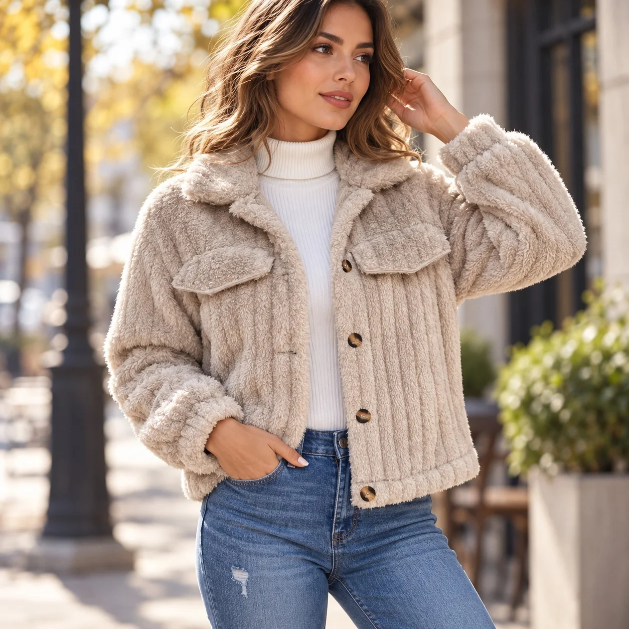 Loose Fit Long Sleeve Coat with Turn Down Collar Button Front European and American Style Casual Wrinkle Resistant Women Jacket