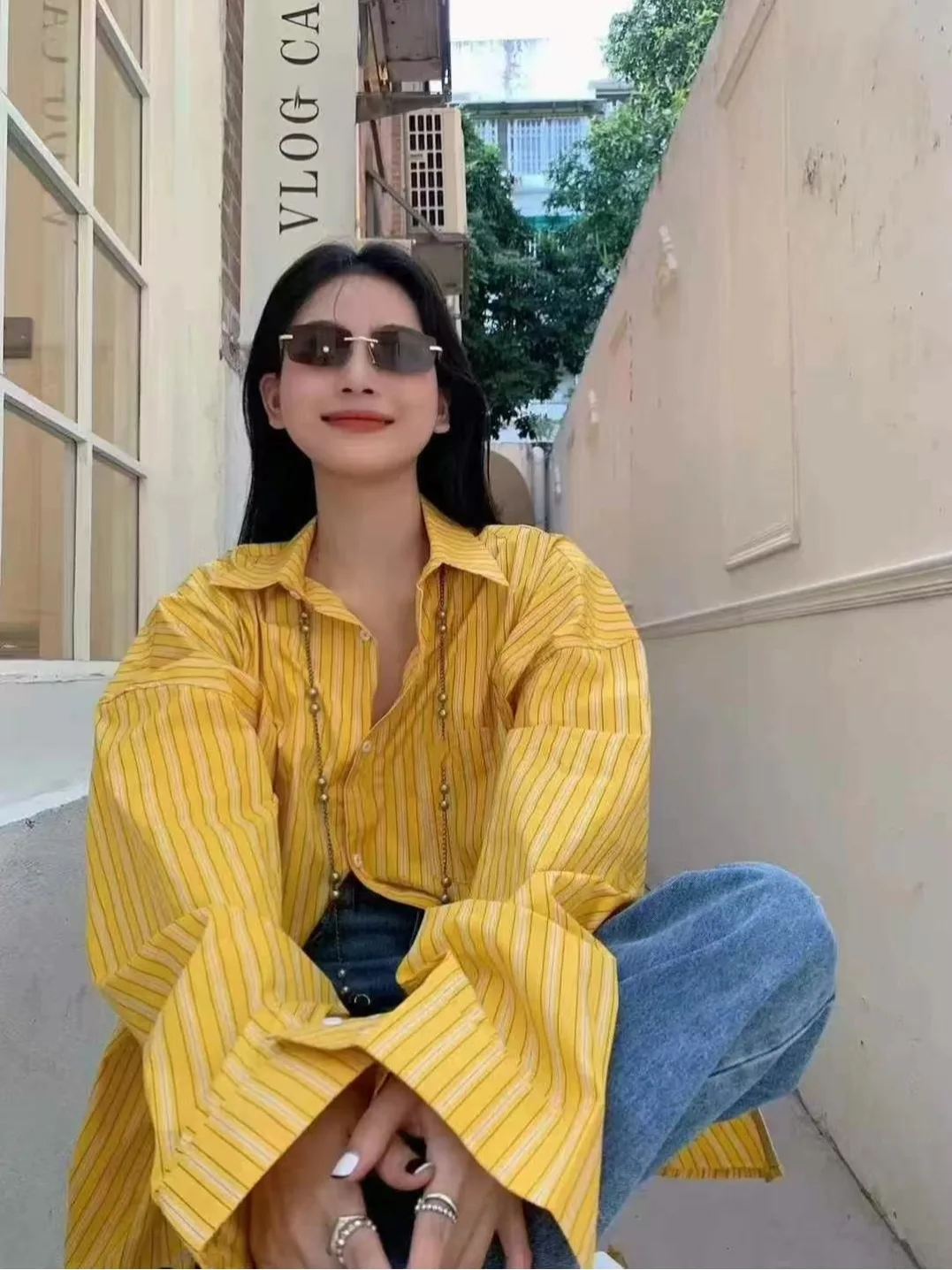 

Yellow Striped Oversize irt Women's Loose Sun Protection Thin Outerwear Sweet Sle Long Sve Ciwalk Casual irt