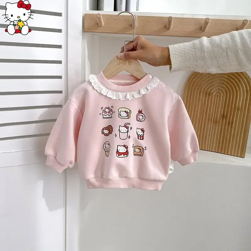 

Hello Kitty Cartoon Kawaii Children's Sweatshirt Anime Sanrio Spring Autumn New Lace Collar Fashionable Skin-Friendly Breathable