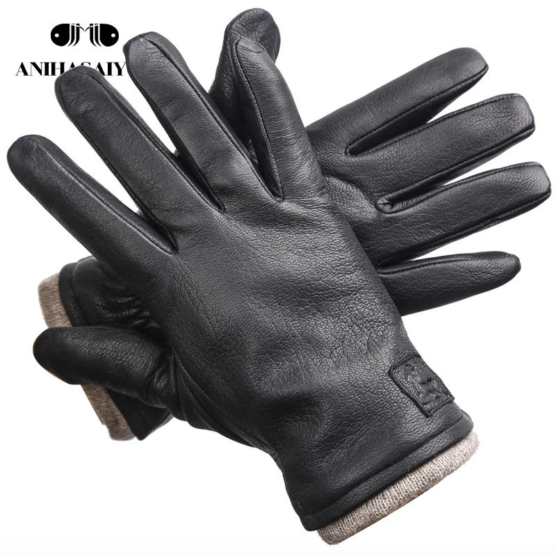 New Winter man sheepskin men\'s winter gloves,warm soft winter leather gloves men,black Warm lining mens leather gloves-8011A