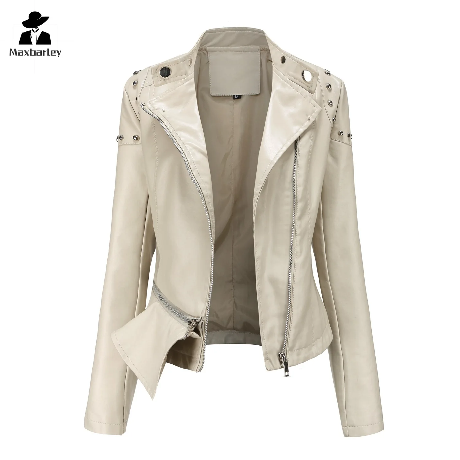 Classic Motorcycle Leather Jacket Women Fashion Long Sleeve V-Neck Slim Faux Leather Coat 2024 Autumn Street Casual Rivet Jacket