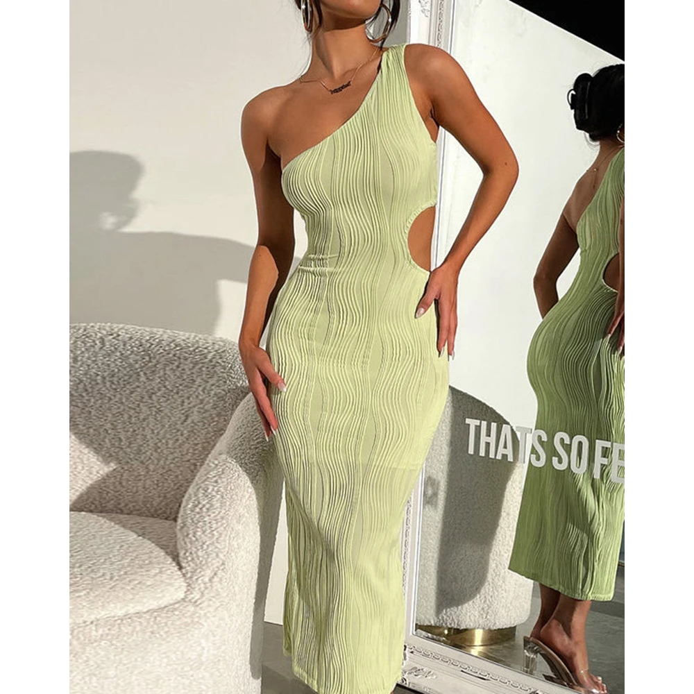 

Summer Women One Shoulder Cut out Waist Ribbed Party Cami Dress Woman Sexy Skew Neck Bodycon Midi New In Dress y2k clothes