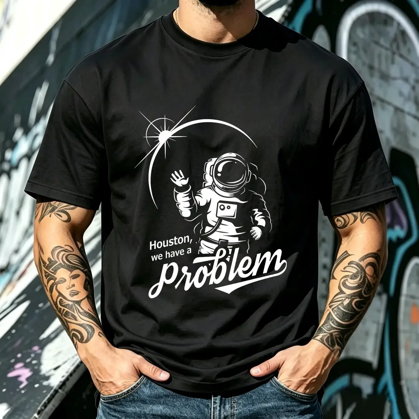 washed T Shirt Astronauts Houston We Have A Problem Planets Spaceman Family Spacewoman vintage Washed Versatile
