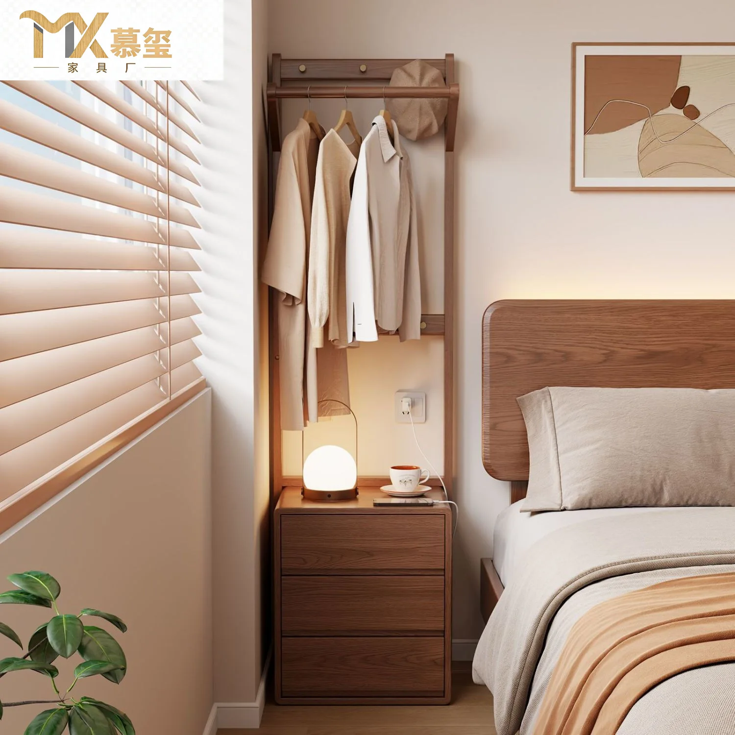 bedside table, coat rack integrated household indoor bedroom clothes, solid wood rack