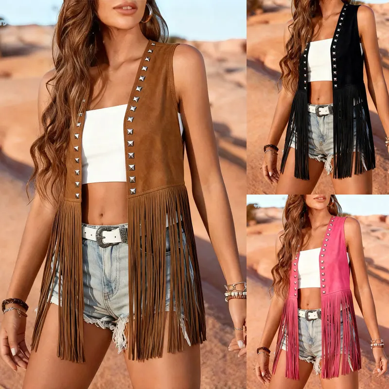 Women's Faux Suede Rivet Fringe Vest Sleeveless Open Front Loose Fit Elegant Commute Office Daily Wear Classic Casual Waistcoat