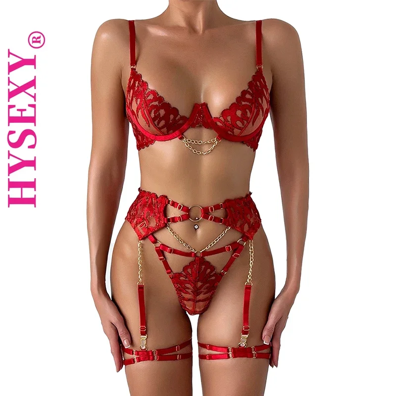 HYSEXY-Lingerie Conjunto com Jarreteira para Mulheres, Roupa Interior Erótica, Roupa Sexy, Sutiã De Corrente De Metal, Thong Suit, Babydoll, See Through, Adulto