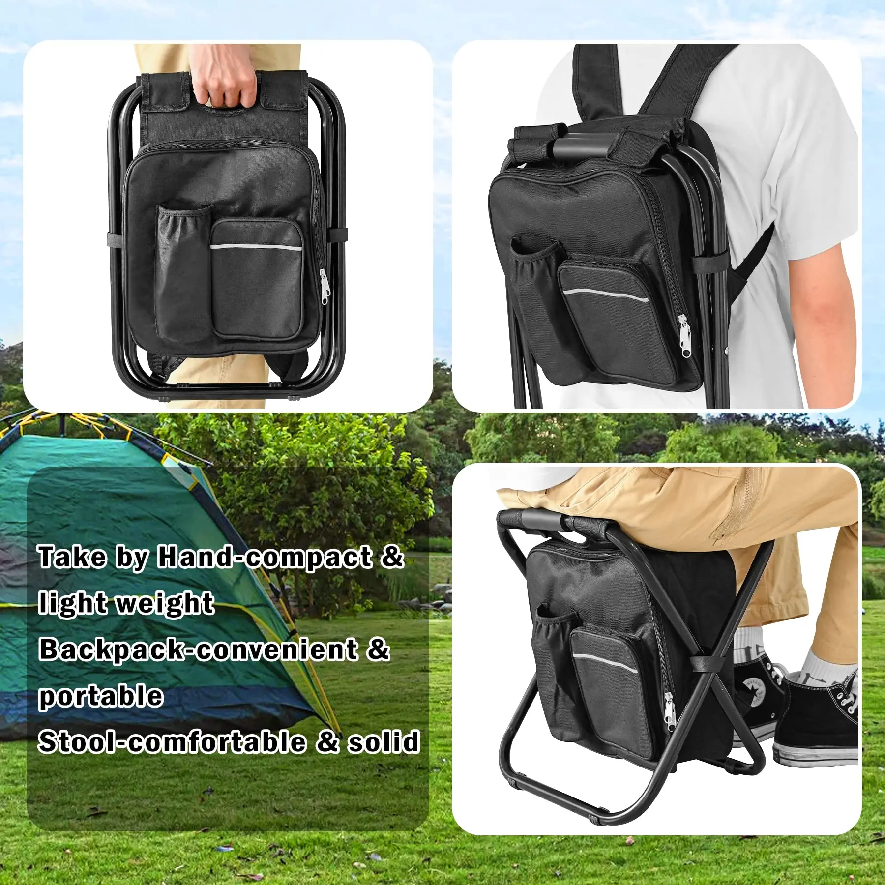 Backpack Stool Cooler Chair，Portable Lightweight Stool Backpack Folding Fishing Cooler Stool for Camping Hunting Fishing