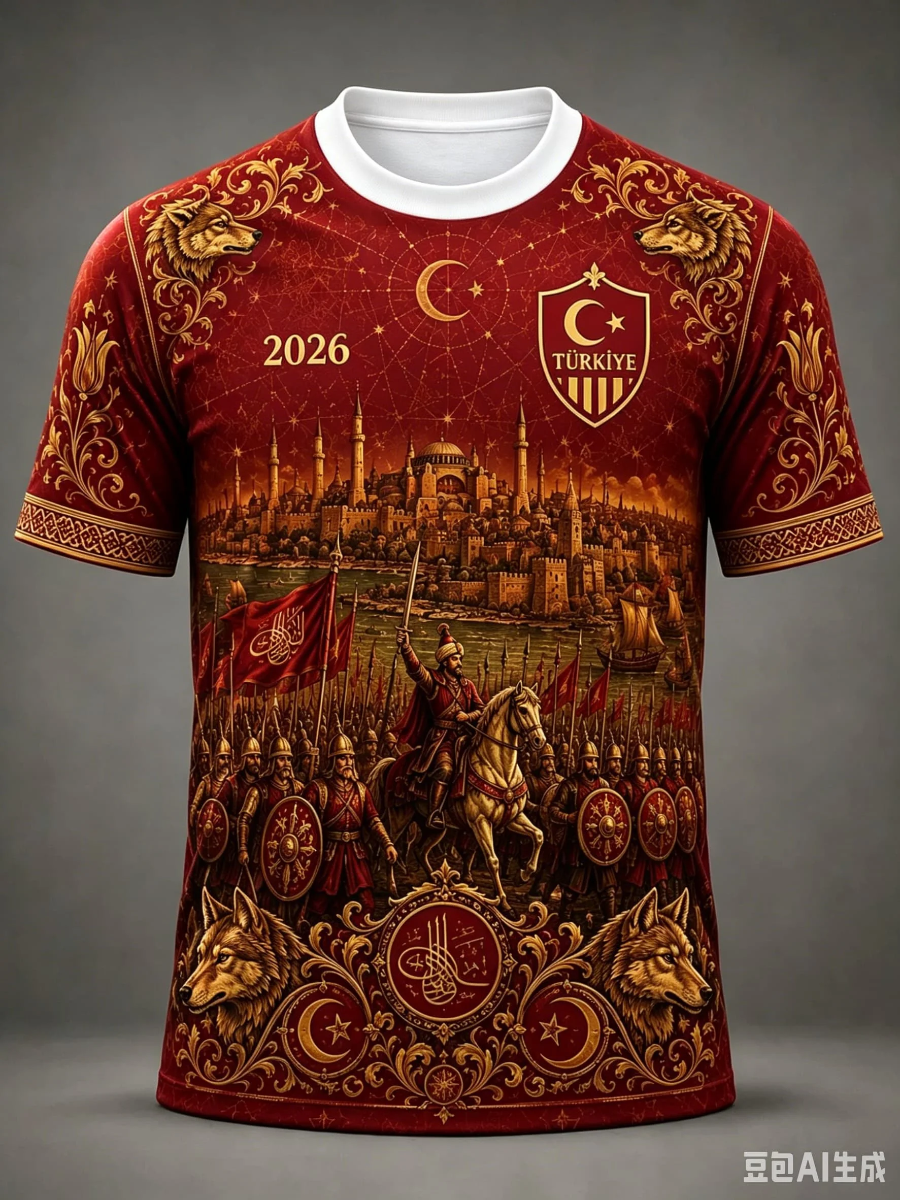2026 Türkei Fußballtrikot Rot Paisley Blumenmuster TÜRKIYE Halbmond-Stern Ärmel Türkische Sportbekleidung Schnelltrocknend Familien- und Kinder-T-Shirts – Detail 3