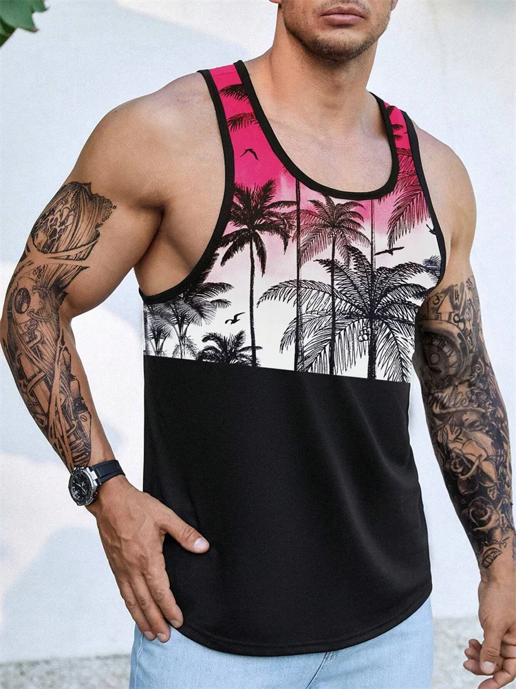 2024 Hawaiian Style Men's Tank Top Summer Beach Casual Outdoor Trip Vacation Comfort Men's Tank Top Tropical Palm Print T-Shirt