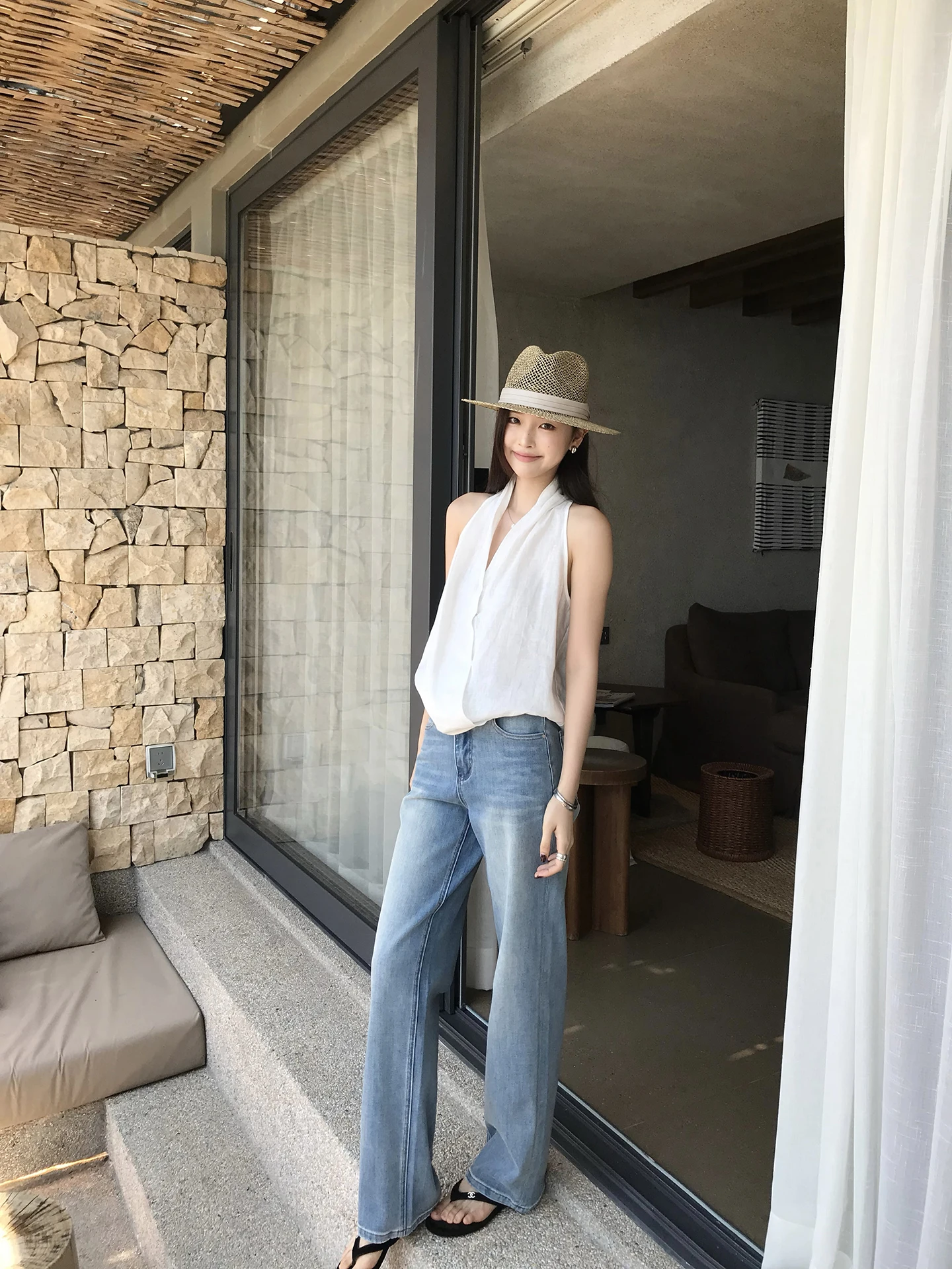

White Straight Leg Jeans Women's High Waist Wide Leg Pants Summer New Style Slimming Jeans Cotton Blend Comfortable Fit