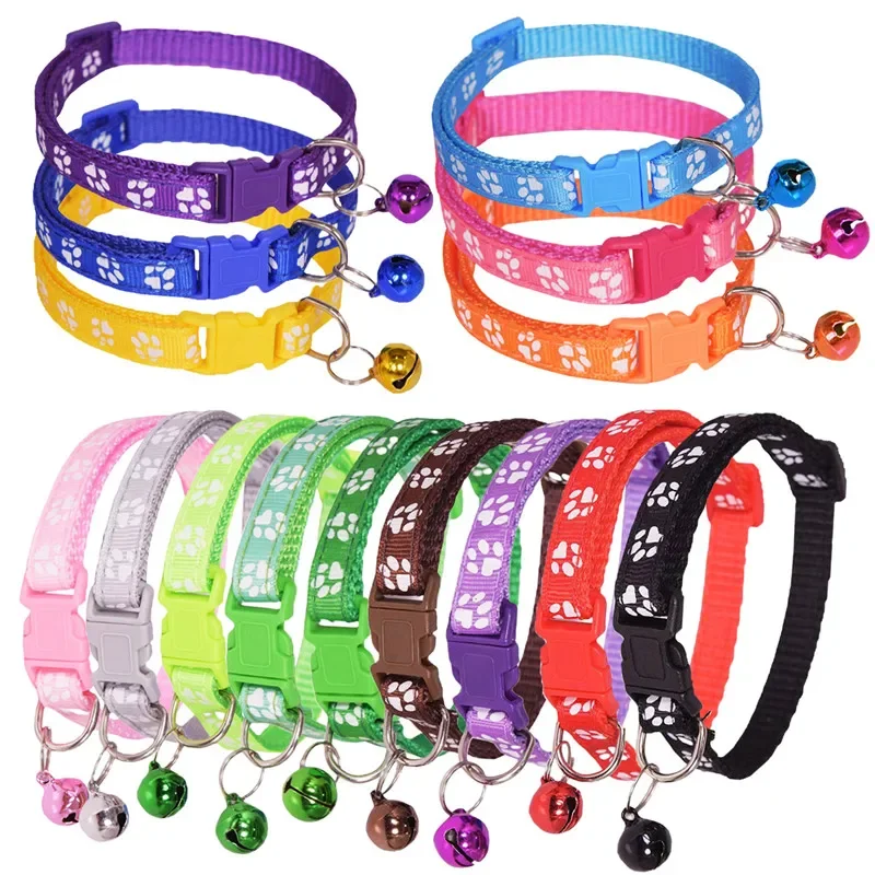 Cat Collar with Bell Cartoon Footprint Colorful Dog Puppy Cat Accessories Kitten Collar Adjustable Safety Bell Ring Necklace